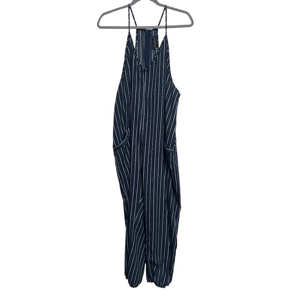 Dress Forum Women L Jumpsuit Navy Striped Casual Romper Dressy Comfy Boho Preppy - Picture 1 of 7